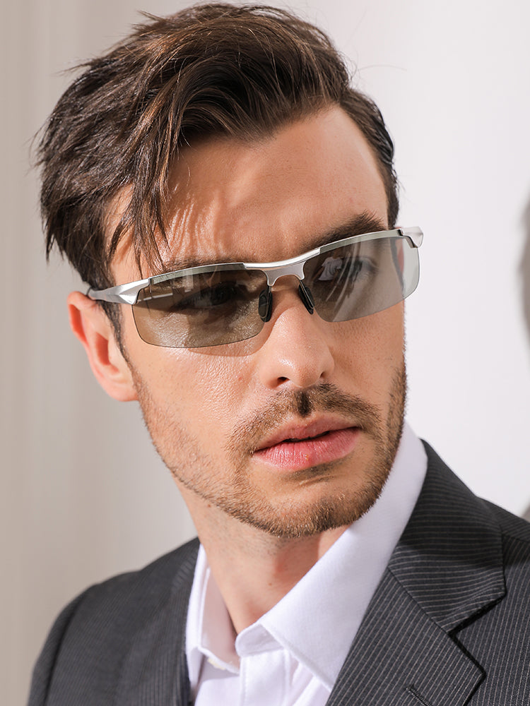 Aluminum Rimless Photochromic Men's Polarized Daytime Driving Chameleon Anti-Glare Sunglasses.