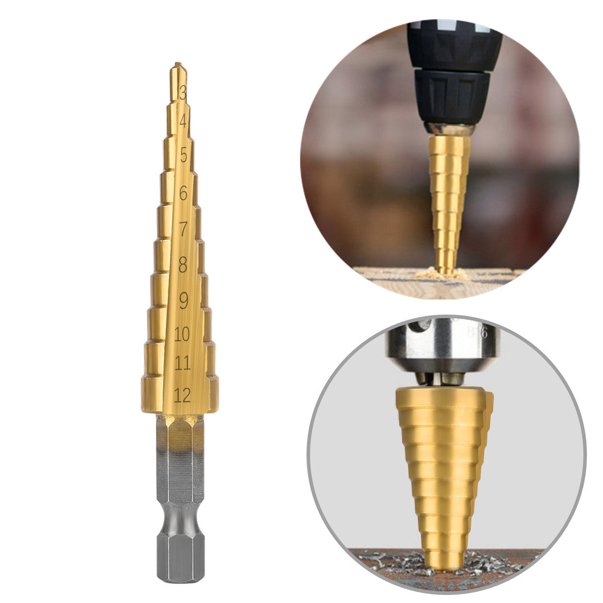 Drilling Bit Set (3-12mm, 4-12mm, 4-20mm) HSS Straight Groove Step Drill Bit Titanium Coated for Wood or Metal