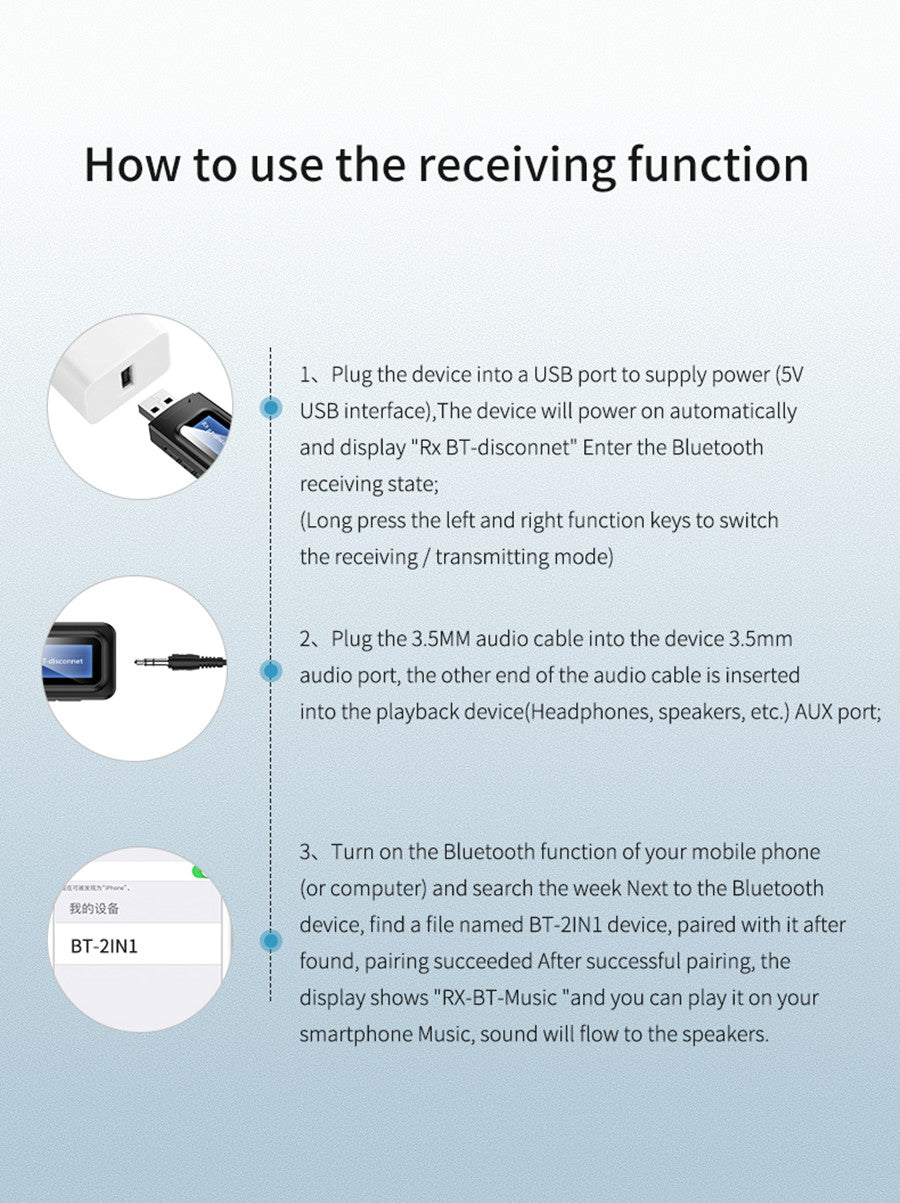 2 in 1 USB Bluetooth 5.0 + EDR + LCD Display Audio Receiver & Transmitter 3.5MM AUX Wireless Adapter For TV, PC, or Car