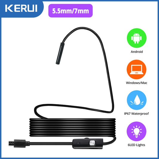 KERUI Mini IP67 Waterproof Endoscope 7mm/5.5mm Camera -Micro USB Connector Soft Inspection Borescope Camera for Android or PC