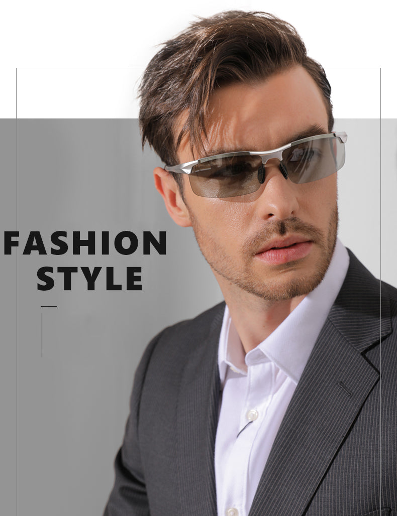 Aluminum Rimless Photochromic Men's Polarized Daytime Driving Chameleon Anti-Glare Sunglasses.
