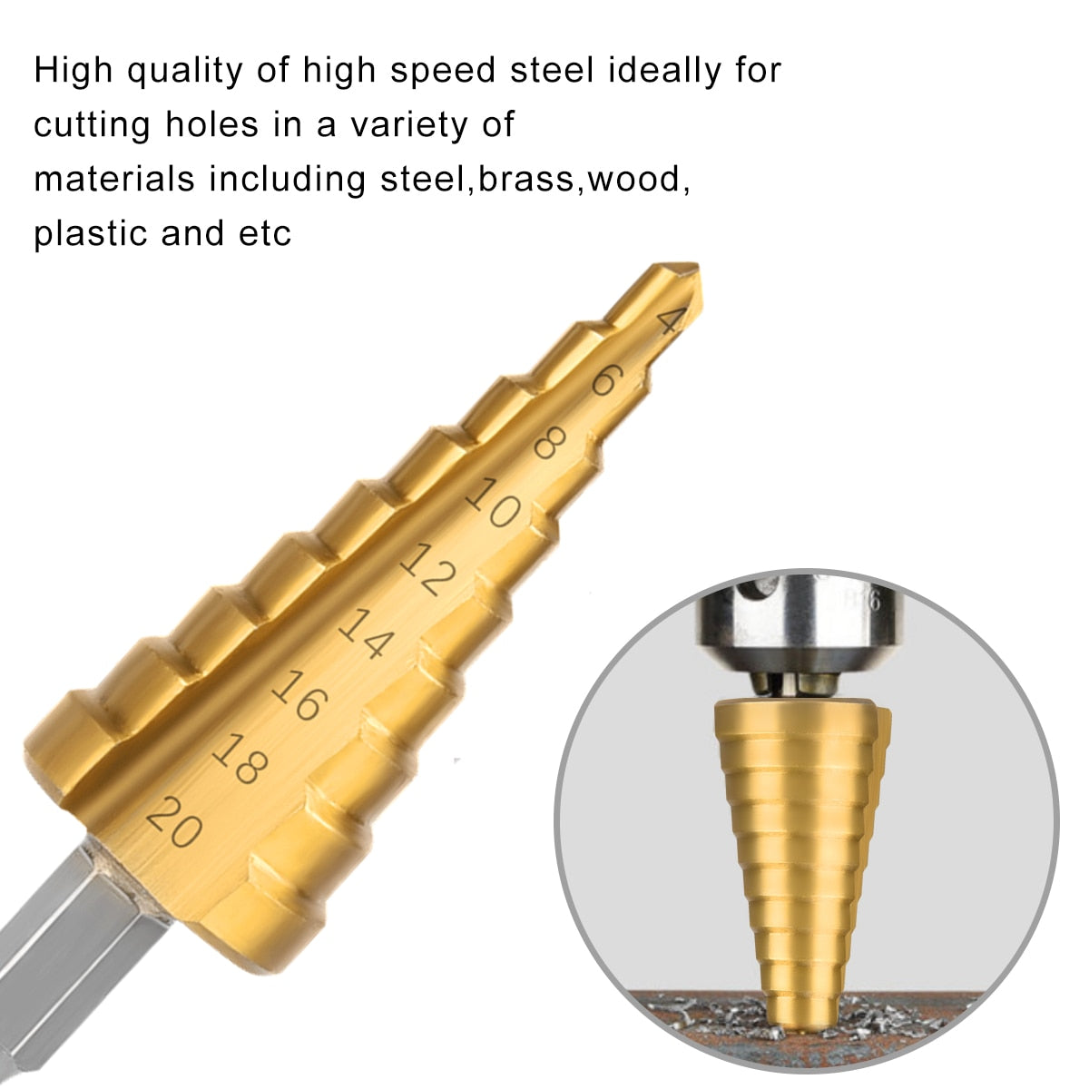 Drilling Bit Set (3-12mm, 4-12mm, 4-20mm) HSS Straight Groove Step Drill Bit Titanium Coated for Wood or Metal