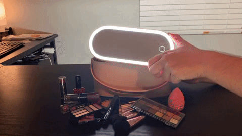 Portable Cosmetics Makeup Organizer Box with LED Light Mirror for Women Traveling