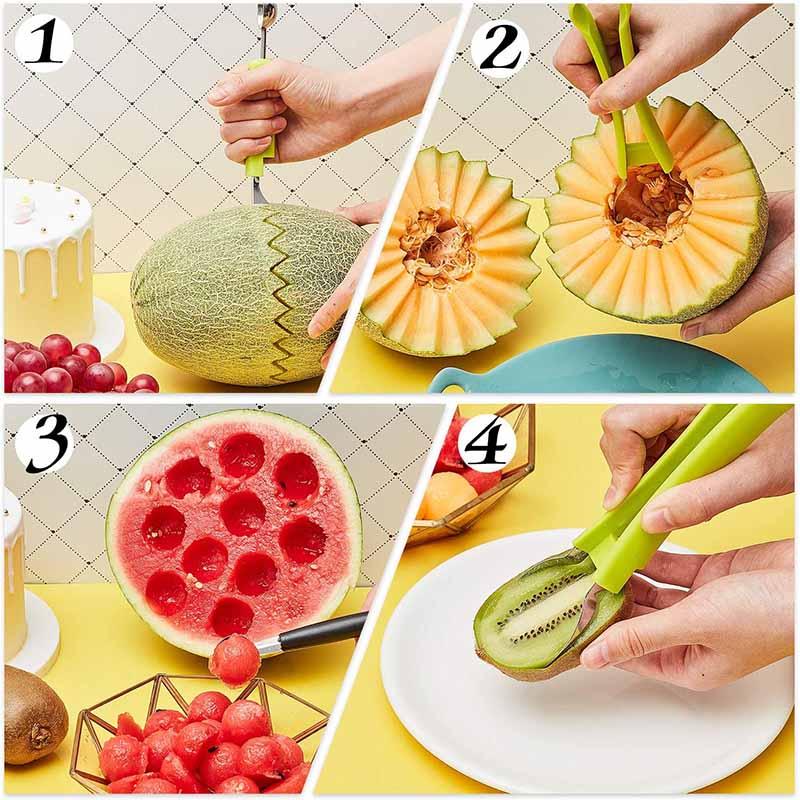 4 in 1 Multifunction Melon Baller & Cutter-Fruit Carving Knife, Fruit Platter, Fruit Dig Pulp Separator