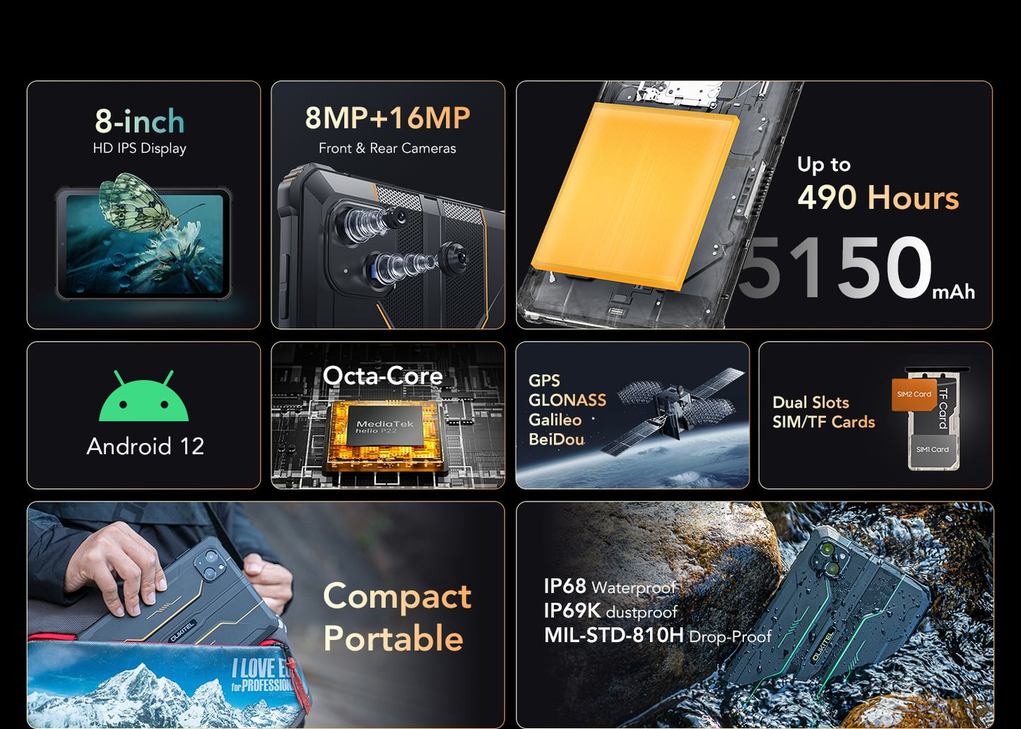Discover the Mini Rugged Tablet 8 Inch HD+ 5150 mAh Android 12 with 16MP Camera