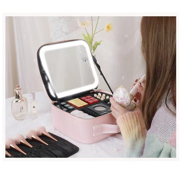 Smart Portable LED Cosmetic Case with Mirror -Travel Makeup Bag for Women