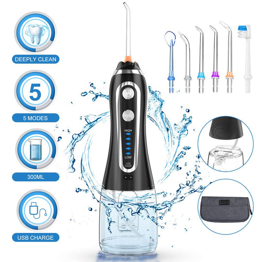 QUARED Portable Oral Irrigator for Adult -Detachable 300ml Water Tank, USB Rechargeable, 5 Adjustable Modes, and Waterproof & Dustproof