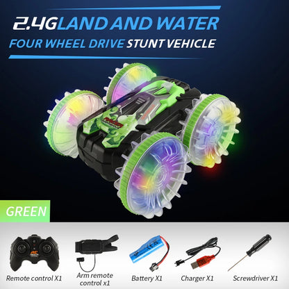 CV-B500 - Coche acrobático de control remoto anfibio de doble cara con giro y conducción a la deriva para niños 