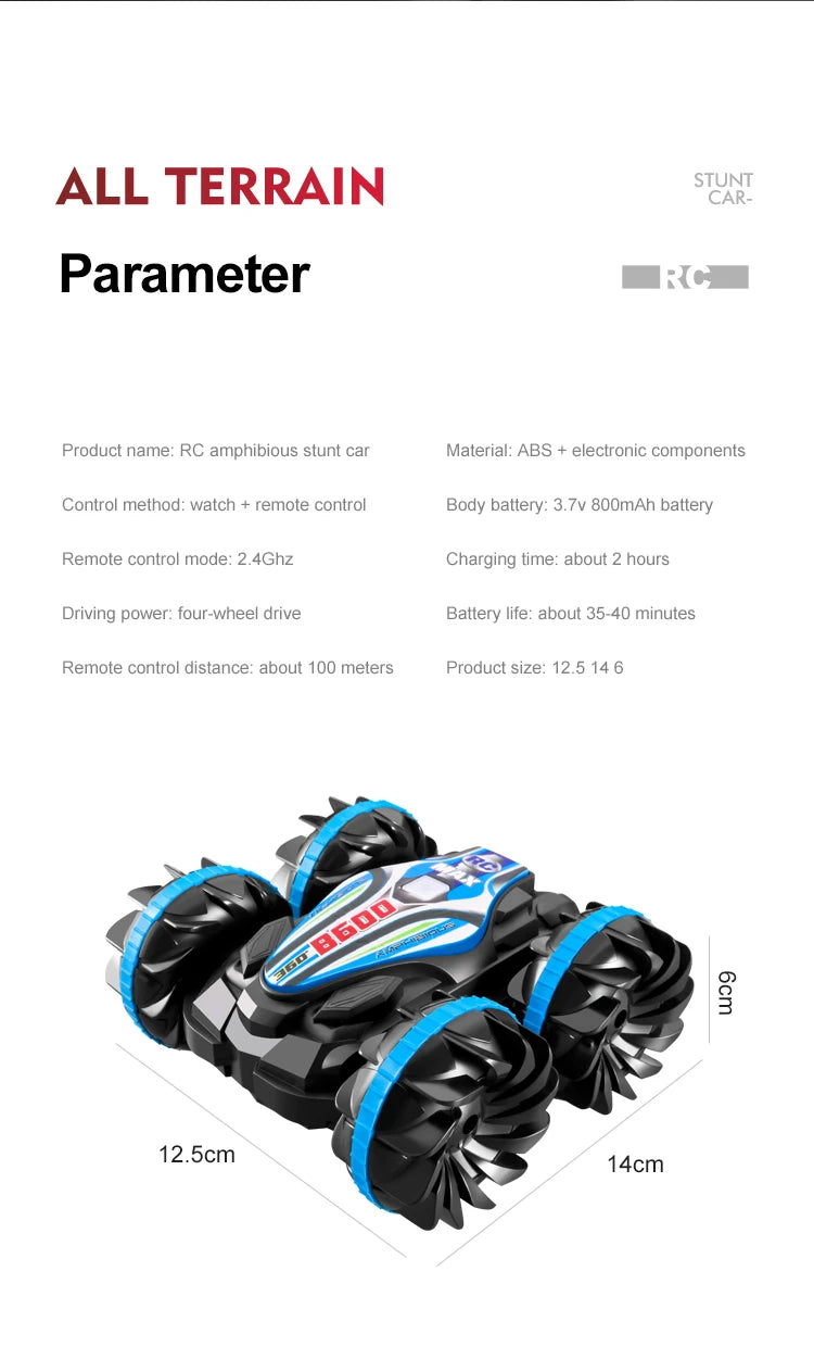 CV-B500 - Coche acrobático de control remoto anfibio de doble cara con giro y conducción a la deriva para niños 