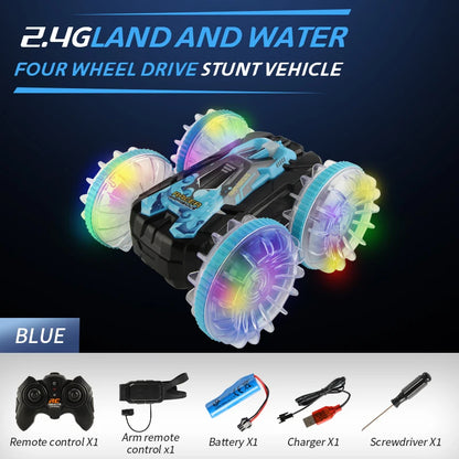 CV-B500 - Coche acrobático de control remoto anfibio de doble cara con giro y conducción a la deriva para niños 