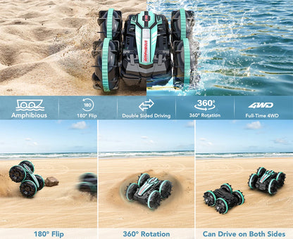 CV-B500 - Coche acrobático de control remoto anfibio de doble cara con giro y conducción a la deriva para niños 