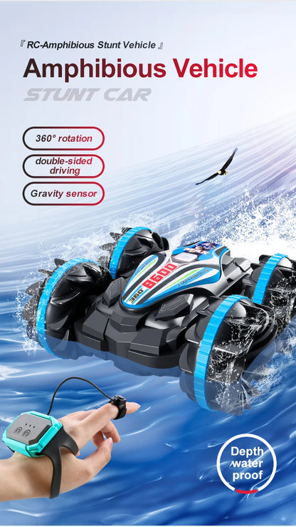 CV-B500 - Coche acrobático de control remoto anfibio de doble cara con giro y conducción a la deriva para niños 