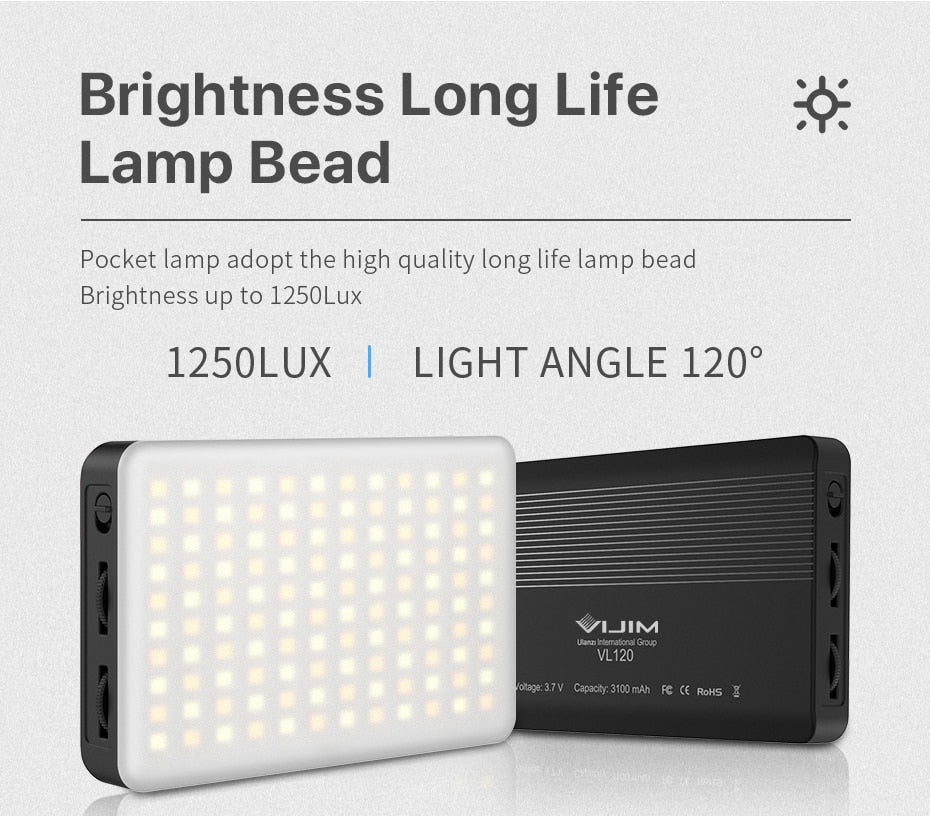 Lampe de studio à intensité variable VIJIM VL120 LED pour caméra vidéo 3200k-6500K 3100mAh 