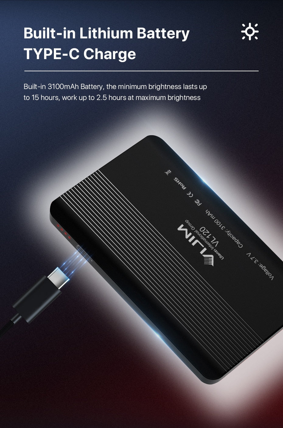 Lampe de studio à intensité variable VIJIM VL120 LED pour caméra vidéo 3200k-6500K 3100mAh 