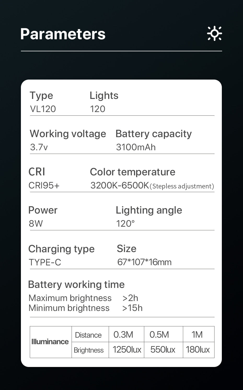 Lampe de studio à intensité variable VIJIM VL120 LED pour caméra vidéo 3200k-6500K 3100mAh 