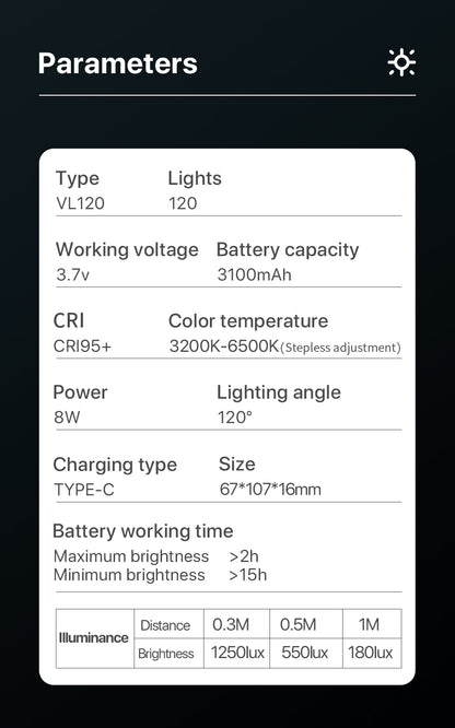 Lampe de studio à intensité variable VIJIM VL120 LED pour caméra vidéo 3200k-6500K 3100mAh 