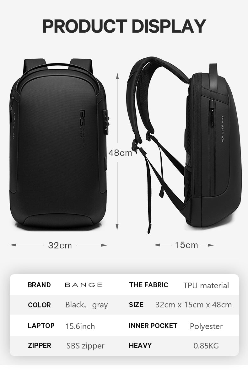 BANGE Men Fashion Waterproof Travel Backpack -Multifunction & Anti-thief Lock Feature