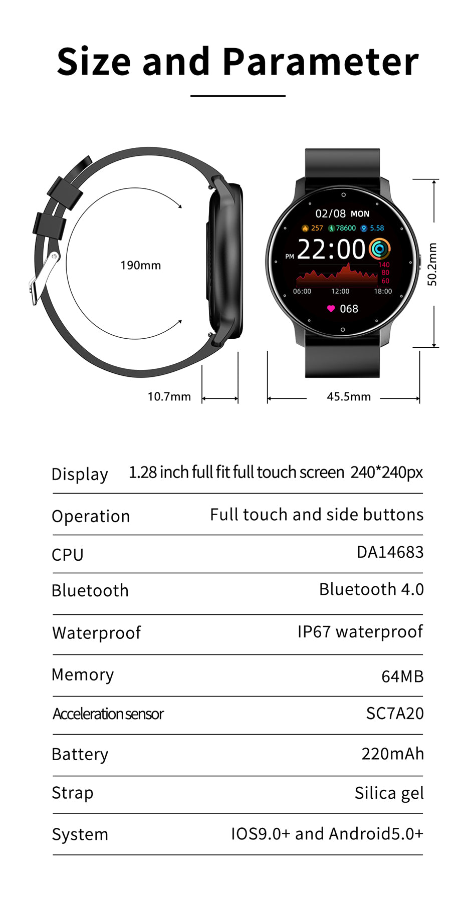 LIGE IP67 Waterproof Men Smart Watch -Full Touch Screen Sport Fitness Bluetooth for iOS or Android