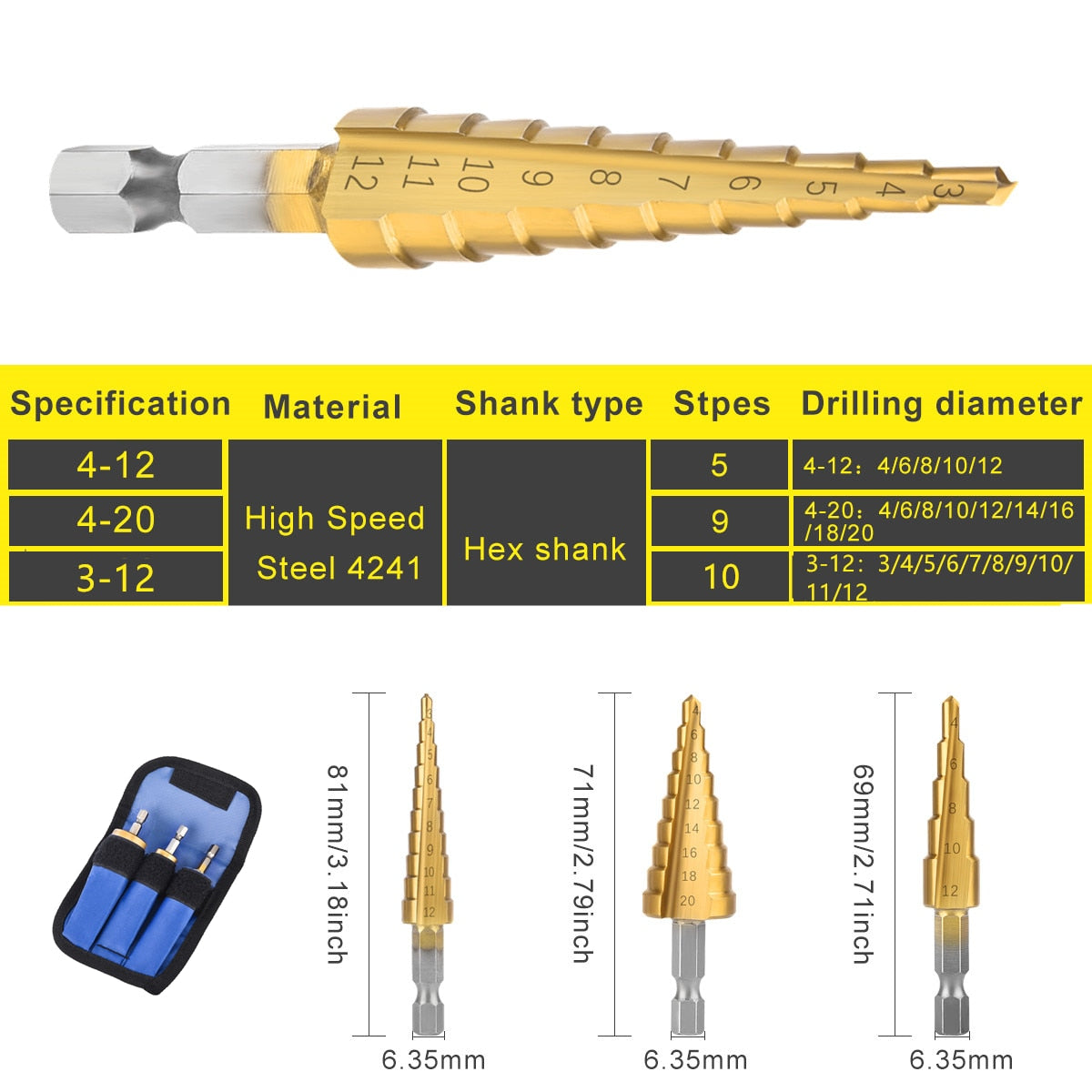 Juego de brocas (3-12 mm, 4-12 mm, 4-20 mm) Broca escalonada de ranura recta HSS con revestimiento de titanio para madera o metal