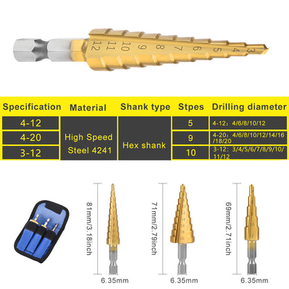 Juego de brocas (3-12 mm, 4-12 mm, 4-20 mm) Broca escalonada de ranura recta HSS con revestimiento de titanio para madera o metal