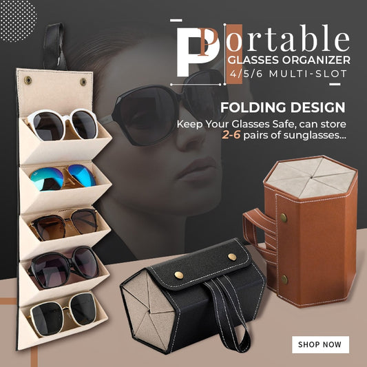 Sunglasses Organizer -Portable & Folding Multi-slot Eyeglasses Storage or Travel PU Leather Case