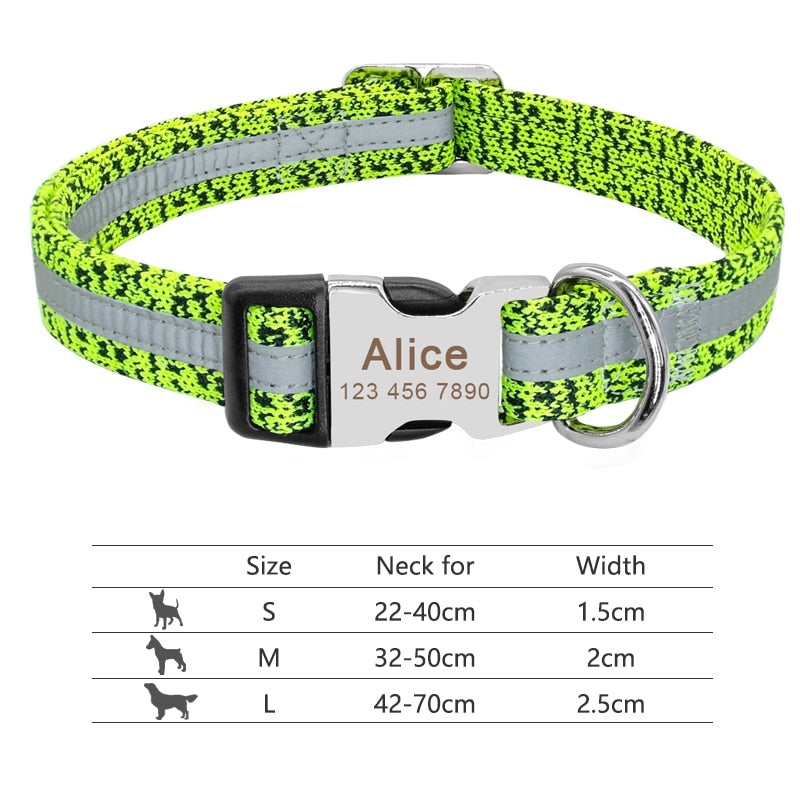 Collar de nailon personalizado para perros - Etiqueta de identificación grabada con placa reflectante para perros pequeños, medianos y grandes 