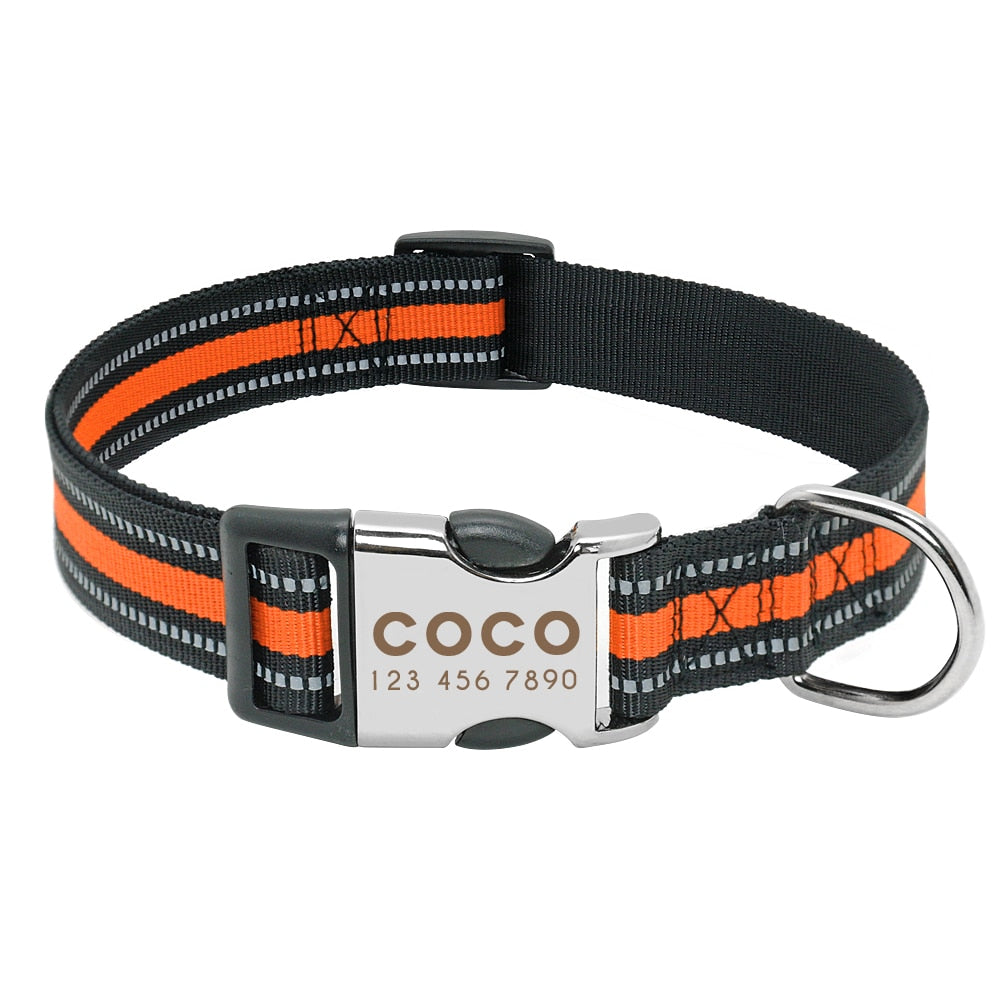 Collar de nailon personalizado para perros - Etiqueta de identificación grabada con placa reflectante para perros pequeños, medianos y grandes 