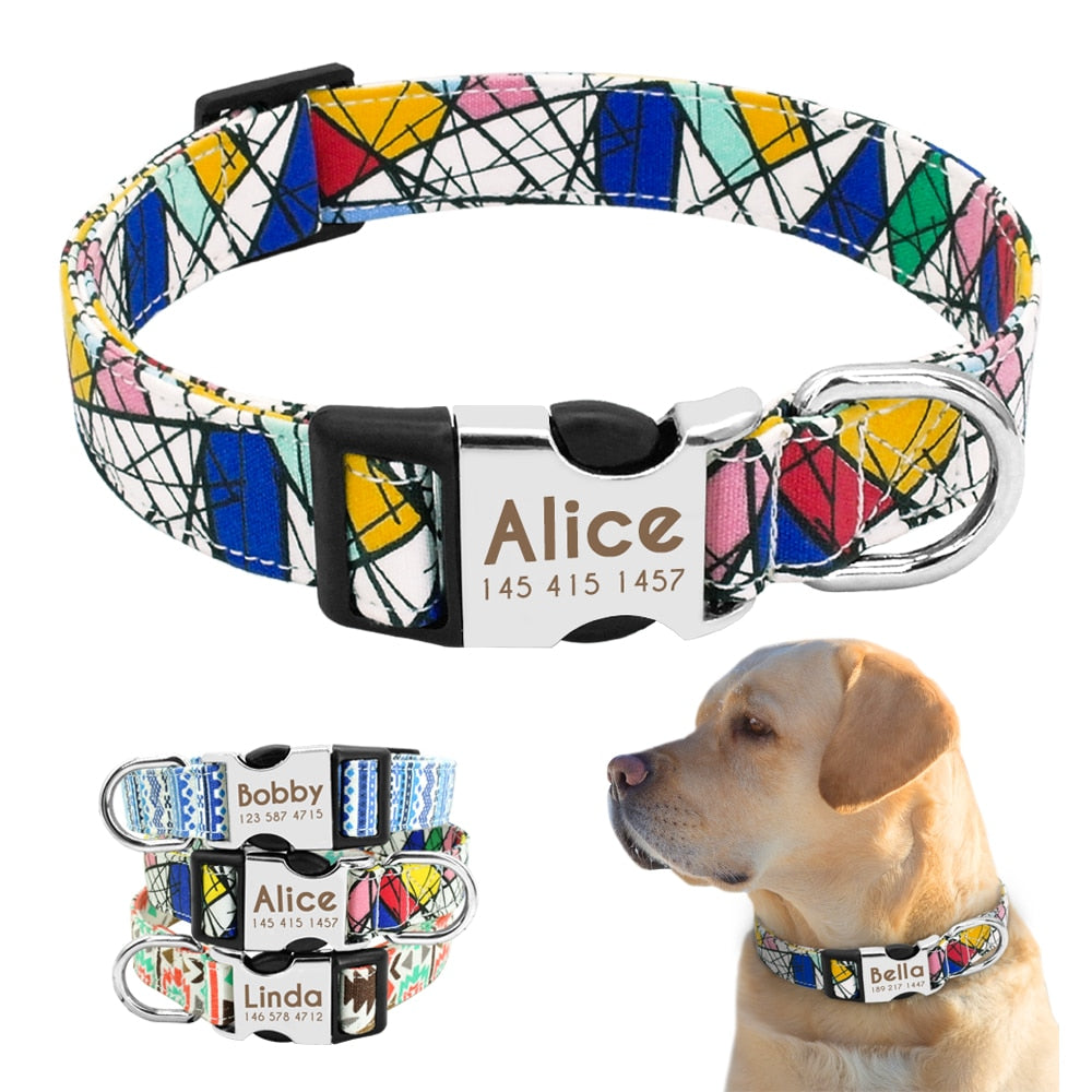 Collar de nailon personalizado para perros - Etiqueta de identificación grabada con placa reflectante para perros pequeños, medianos y grandes 