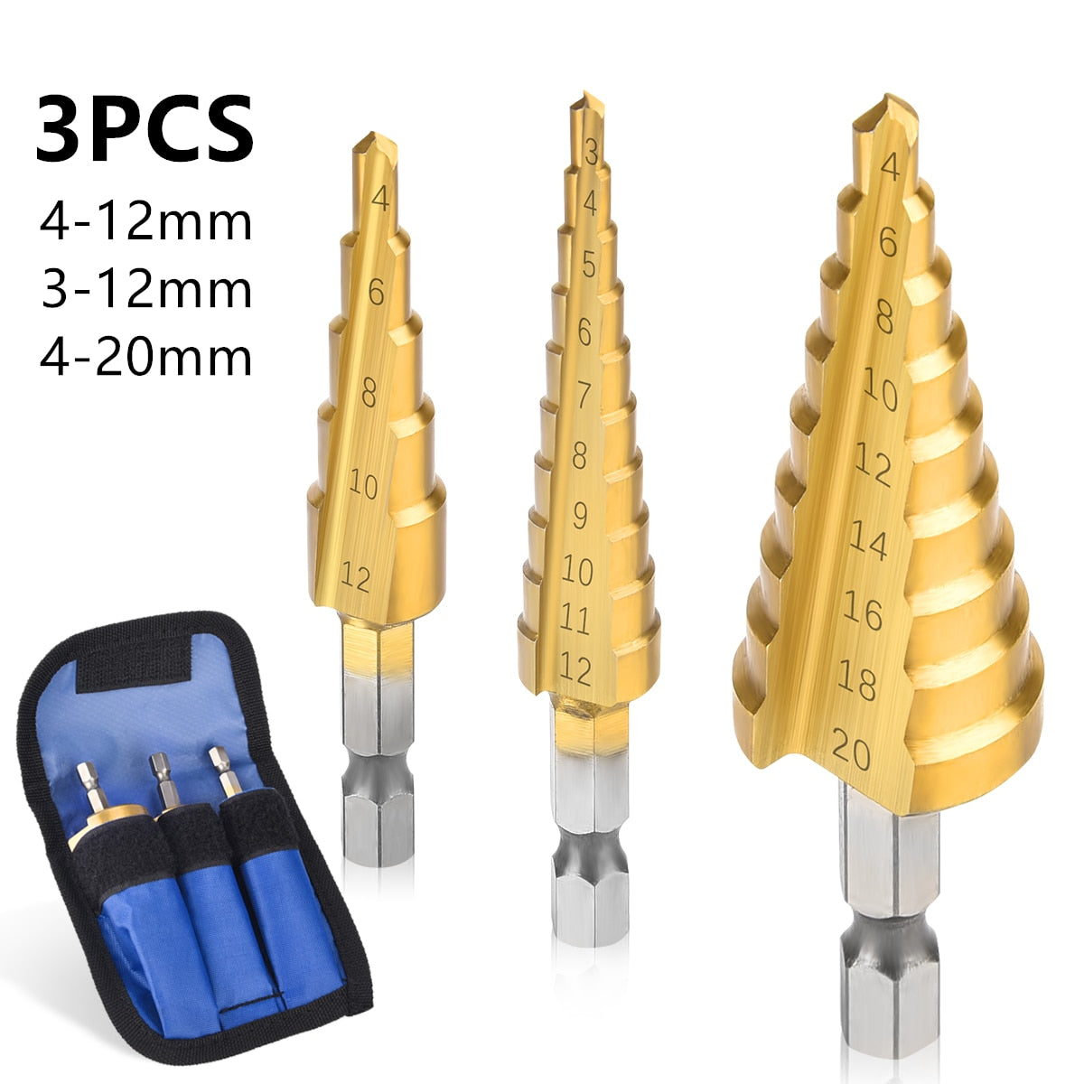 Juego de brocas (3-12 mm, 4-12 mm, 4-20 mm) Broca escalonada de ranura recta HSS con revestimiento de titanio para madera o metal