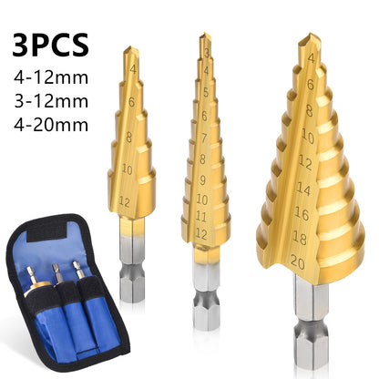 Juego de brocas (3-12 mm, 4-12 mm, 4-20 mm) Broca escalonada de ranura recta HSS con revestimiento de titanio para madera o metal