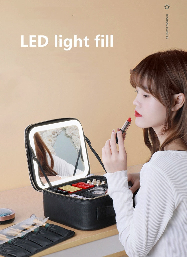 Smart Portable LED Cosmetic Case with Mirror -Travel Makeup Bag for Women