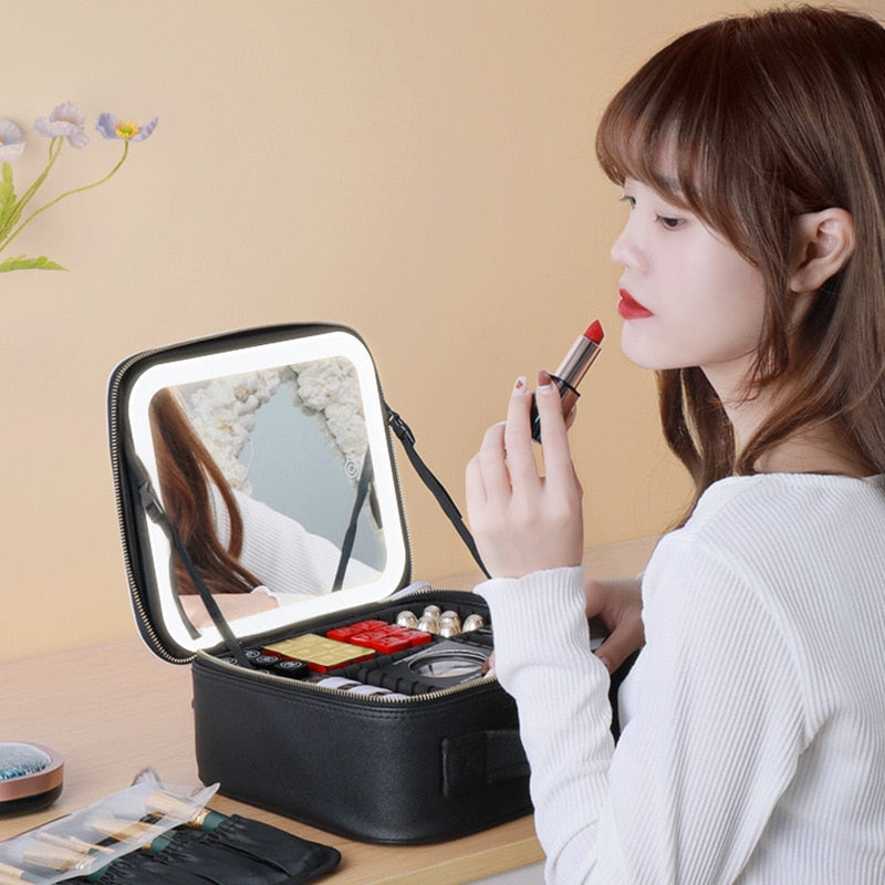 Smart Portable LED Cosmetic Case with Mirror -Travel Makeup Bag for Women